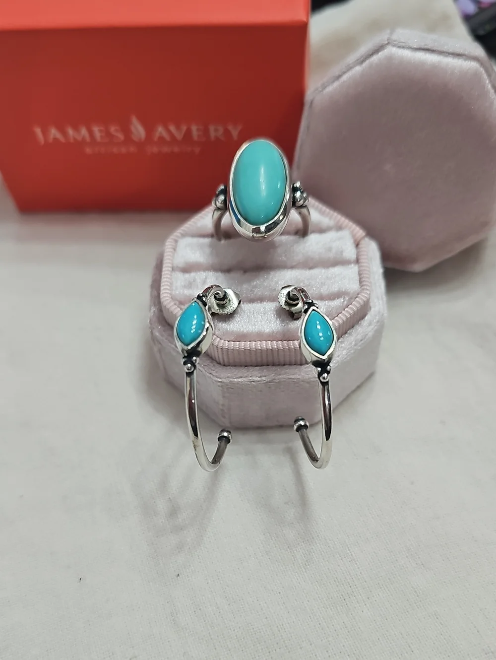 Retired James Avery Sterling Silver Adela Turquoise Hoop Earrings and Ring Set